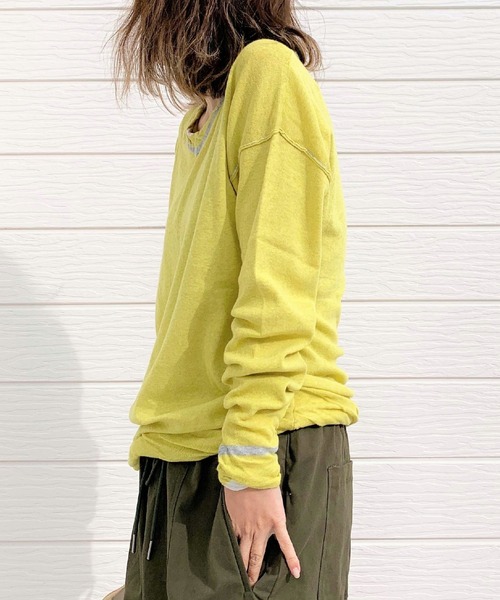 Q（キュー）の「BROS Vネックニット（ニット/セーター・レディース・ライム/アイボリー・MEDIUM）」の9枚目の写真