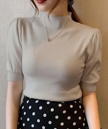 プチハイネックパフスリ半袖ニットトップス