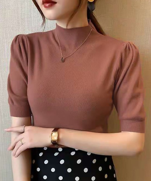 Ulysses（ユリシス）の「プチハイネックパフスリ半袖ニットトップス（ニット/セーター・レディース・ピンク/グリーン/アイボリー/イエロー/キャメル/グレー/ホワイト/ブラック/レッド/ダークグリーン/マスタード/ベージュ/ブラウン・F）」の12枚目の写真