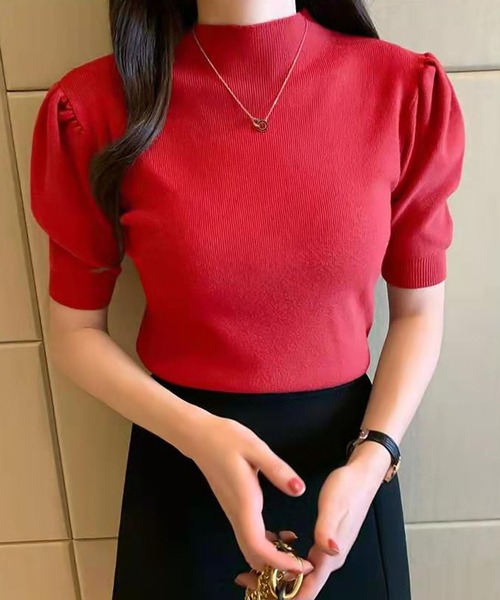 Ulysses（ユリシス）の「プチハイネックパフスリ半袖ニットトップス（ニット/セーター・レディース・ピンク/グリーン/アイボリー/イエロー/キャメル/グレー/ホワイト/ブラック/レッド/ダークグリーン/マスタード/ベージュ/ブラウン・F）」の13枚目の写真