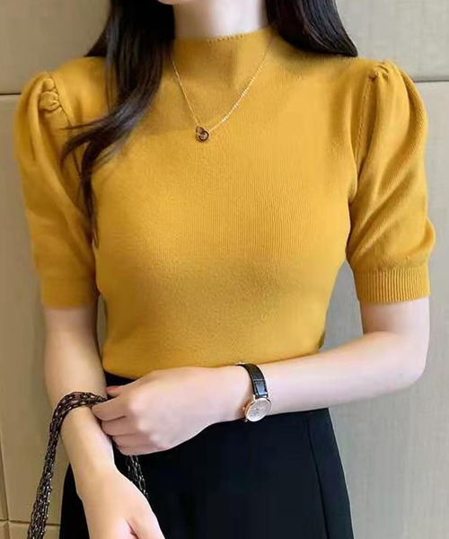 Ulysses（ユリシス）の「プチハイネックパフスリ半袖ニットトップス（ニット/セーター・レディース・ピンク/グリーン/アイボリー/イエロー/キャメル/グレー/ホワイト/ブラック/レッド/ダークグリーン/マスタード/ベージュ/ブラウン・F）」の10枚目の写真