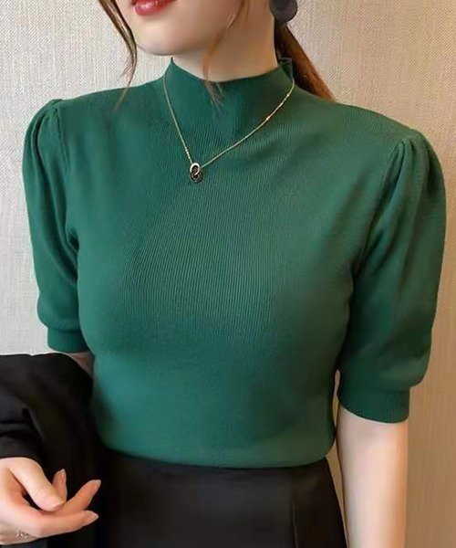 Ulysses（ユリシス）の「プチハイネックパフスリ半袖ニットトップス（ニット/セーター・レディース・ピンク/グリーン/アイボリー/イエロー/キャメル/グレー/ホワイト/ブラック/レッド/ダークグリーン/マスタード/ベージュ/ブラウン・F）」の9枚目の写真