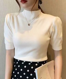 プチハイネックパフスリ半袖ニットトップス