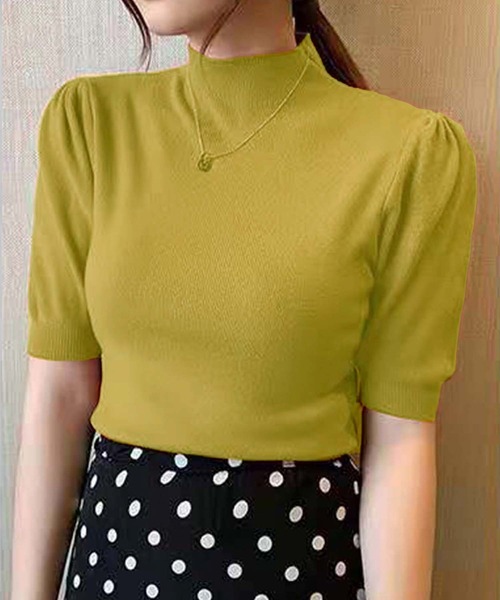 Ulysses（ユリシス）の「プチハイネックパフスリ半袖ニットトップス（ニット/セーター・レディース・ピンク/グリーン/アイボリー/イエロー/キャメル/グレー/ホワイト/ブラック/レッド/ダークグリーン/マスタード/ベージュ/ブラウン・F）」の11枚目の写真