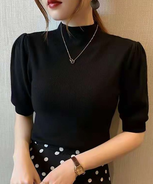 Ulysses（ユリシス）の「プチハイネックパフスリ半袖ニットトップス（ニット/セーター・レディース・ピンク/グリーン/アイボリー/イエロー/キャメル/グレー/ホワイト/ブラック/レッド/ダークグリーン/マスタード/ベージュ/ブラウン・F）」の4枚目の写真