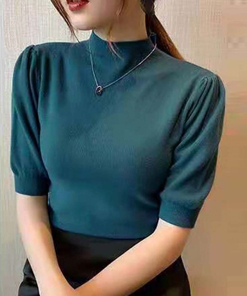 Ulysses（ユリシス）の「プチハイネックパフスリ半袖ニットトップス（ニット/セーター・レディース・ピンク/グリーン/アイボリー/イエロー/キャメル/グレー/ホワイト/ブラック/レッド/ダークグリーン/マスタード/ベージュ/ブラウン・F）」の8枚目の写真