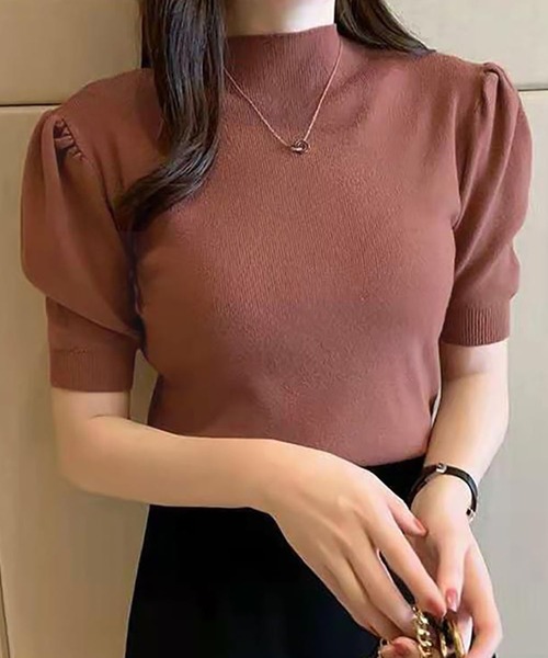 Ulysses（ユリシス）の「プチハイネックパフスリ半袖ニットトップス（ニット/セーター・レディース・ピンク/グリーン/アイボリー/イエロー/キャメル/グレー/ホワイト/ブラック/レッド/ダークグリーン/マスタード/ベージュ/ブラウン・F）」の20枚目の写真