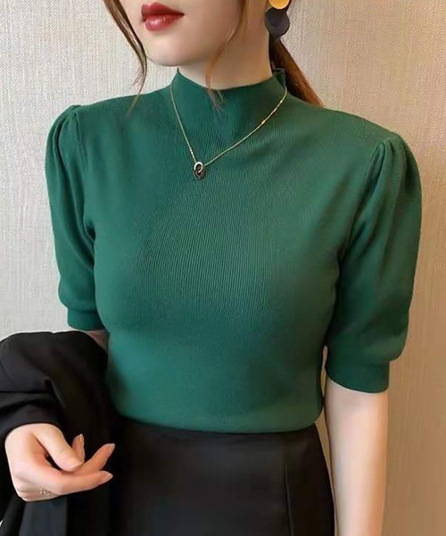 Ulysses（ユリシス）の「プチハイネックパフスリ半袖ニットトップス（ニット/セーター・レディース・ピンク/グリーン/アイボリー/イエロー/キャメル/グレー/ホワイト/ブラック/レッド/ダークグリーン/マスタード/ベージュ/ブラウン・F）」の21枚目の写真