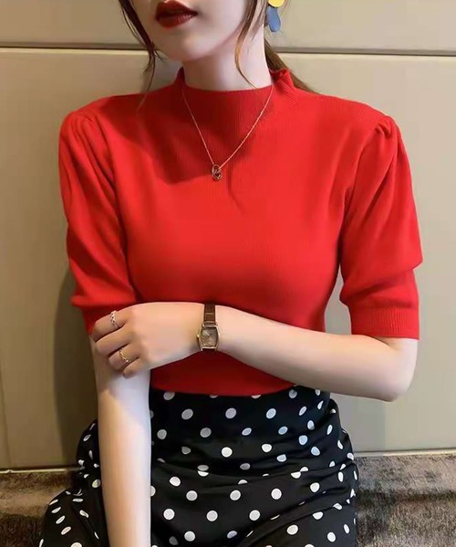 Ulysses（ユリシス）の「プチハイネックパフスリ半袖ニットトップス（ニット/セーター・レディース・ピンク/グリーン/アイボリー/イエロー/キャメル/グレー/ホワイト/ブラック/レッド/ダークグリーン/マスタード/ベージュ/ブラウン・F）」の15枚目の写真