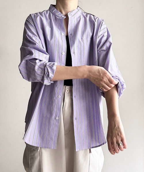 COMMON WARE（コモンウェアー）の「COMMONWARE:ビッグサイズバンドカラーシャツL/S（シャツ/ブラウス・レディース・グリーン系/サックスブルー系/ブラック×ホワイト/グリーン/ホワイト/イエロー/ラベンダー/ブラック/サックスブルー/ホワイト×ブルー/グレイッシュベージュ・L/XL/M）」の10枚目の写真