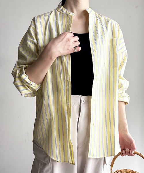 COMMON WARE（コモンウェアー）の「COMMONWARE:ビッグサイズバンドカラーシャツL/S（シャツ/ブラウス・レディース・グリーン系/サックスブルー系/ブラック×ホワイト/グリーン/ホワイト/イエロー/ラベンダー/ブラック/サックスブルー/ホワイト×ブルー/グレイッシュベージュ・L/XL/M）」の11枚目の写真