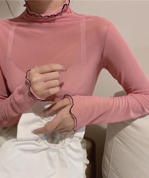 Achic(アシック)の「パイピング配色シアーメロートップス(Tシャツ/カットソー・レディース・イエロー/オレンジ/パープル/ホワイト/グリーン/ブルー/ブラック/アイボリー/ピンク・M)」の8枚目の写真