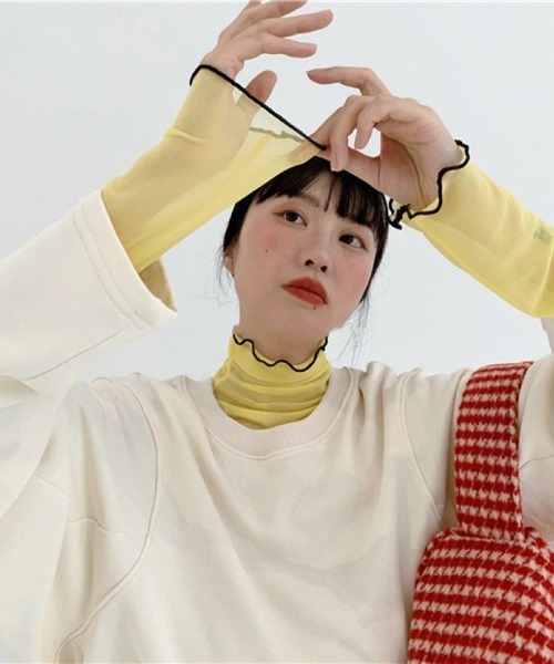 Achic(アシック)の「パイピング配色シアーメロートップス(Tシャツ/カットソー・レディース・イエロー/オレンジ/パープル/ホワイト/グリーン/ブルー/ブラック/アイボリー/ピンク・M)」の7枚目の写真