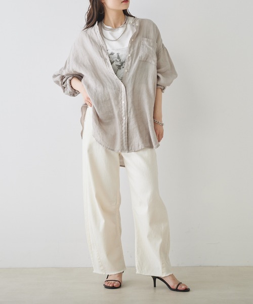 PUAL CE CIN（ピュアルセシン）の「フレンチリネンノーカラーブラウス（シャツ/ブラウス・レディース・ロイヤルブルー/イエロー/オフホワイト/ベージュ/ブラック・FREE）」の13枚目の写真