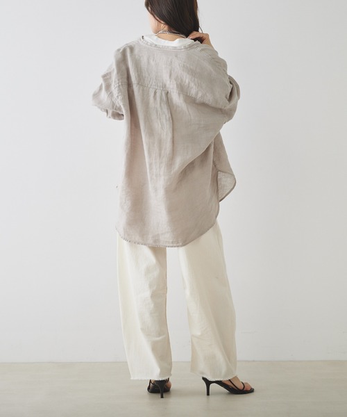 PUAL CE CIN（ピュアルセシン）の「フレンチリネンノーカラーブラウス（シャツ/ブラウス・レディース・ロイヤルブルー/イエロー/オフホワイト/ベージュ/ブラック・FREE）」の14枚目の写真