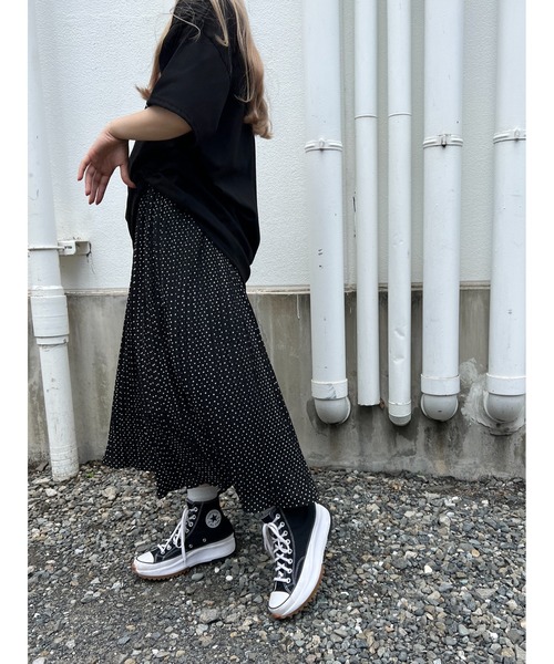 新品タグ付き Dot&stripes つぼみプリント プリーツロングスカート ハートドット柄 シフォンプリーツ ロングスカート ハート柄
