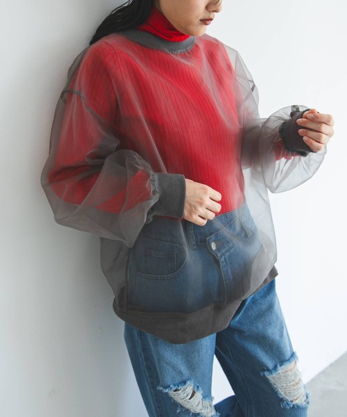 bohmal(ボマール)の「チュールオーバーサイズプルオーバートップス(Tシャツ/カットソー・レディース・ブラック/グレー/オフホワイト・FREE)」の7枚目の写真