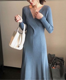 リブ編みニット カシュクール ワンピース