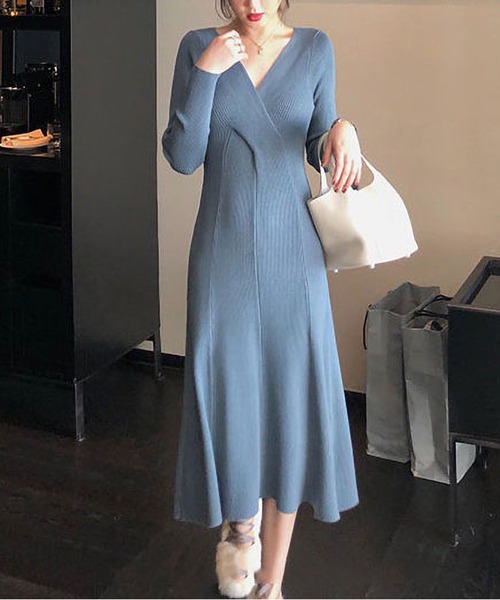 BLANC FICELLE(ブランフィセル)の「リブ編みニット カシュクール ワンピース(ワンピース・レディース・グレー/アイボリー/レッド/ブラック/ブルー・M/L/S/X-LARGE)」の20枚目の写真