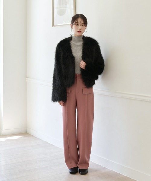 UNE MANSION（ユヌマンション）の「【2023F/W新作アイテム】ノーカラーフェイクファージャケット（ノーカラージャケット・レディース・アイボリー/ブラック/ベージュ・FREE）」の10枚目の写真