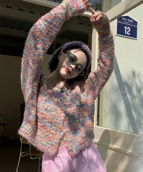 Achic(アシック)の「ミックスカラーニットカーディガンカラフル(カーディガン/ボレロ・レディース・ピンク/グリーン・M)」の3枚目の写真