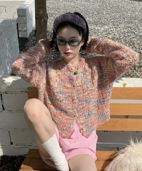 Achic(アシック)の「ミックスカラーニットカーディガンカラフル(カーディガン/ボレロ・レディース・ピンク/グリーン・M)」の5枚目の写真