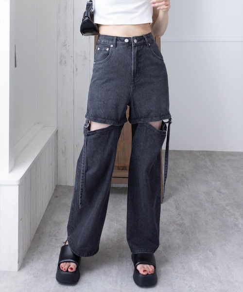 新品未使用 プライオリティー　Malセレクト　デニムパンツ セール】【低身長サイズ有】2WAYセパレートデニムパンツ[オール