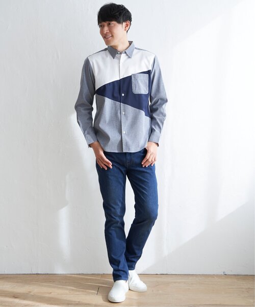 ikka(イッカ)の「オックスブロックス斜め切り替えシャツ(シャツ/ブラウス・メンズ・ホワイト/ネイビー・M/L/XL/S)」の9枚目の写真