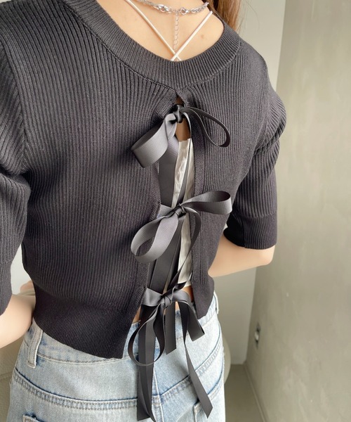 Ada.(エイダ)の「バックリボン ショート丈 サマーニット トップス バレエコア(ニット/セーター・レディース・オフホワイト/ブラック/ホワイト×ブラック・FREE)」の17枚目の写真