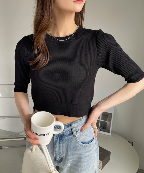 Ada.(エイダ)の「バックリボン ショート丈 サマーニット トップス バレエコア(ニット/セーター・レディース・オフホワイト/ブラック/ホワイト×ブラック・FREE)」の12枚目の写真