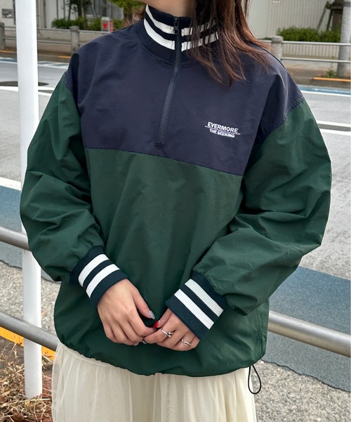 再値下 PHINGERIN CUSHY ブルゾン パープル miu着用 セール】【M,L2サイズ】配色ナイロンハーフジッププルオーバー