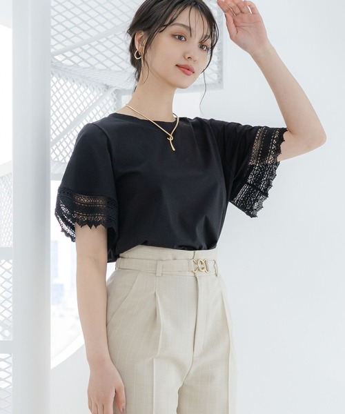 Andemiu（アンデミュウ）の「ソデレースキリカエカット112660（Tシャツ/カットソー・レディース・オフホワイト/ブラック/ライム/ネイビー・FREE）」の2枚目の写真