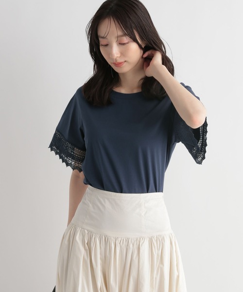 Andemiu（アンデミュウ）の「ソデレースキリカエカット112660（Tシャツ/カットソー・レディース・オフホワイト/ブラック/ライム/ネイビー・FREE）」の8枚目の写真