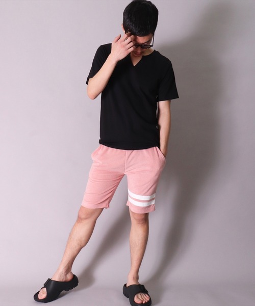 BAYBLO(ベイブロ)の「(BB)【ユニセックス】ライン パイル ショートパンツ(スウェットパンツ・メンズ・ネイビー/チャコールグレー/グレイッシュベージュ/アイボリー/ブラック/イエロー/サーモンピンク・MEDIUM/LARGE)」の13枚目の写真