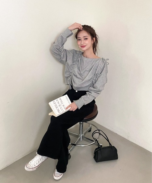トレーナー スウェット リボンストリングシャーリングスウェット レディース by muni:r トレーナー スウェット リボンストリングシャーリング