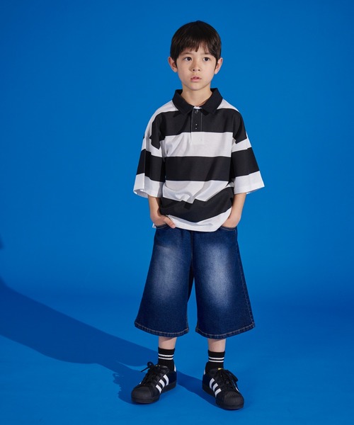 PAIRMANON STREET（ペアマノンストリート）の「【PAIRMANON STREET】天竺 ワイドボーダー 半袖 ポロシャツ（ポロシャツ・キッズ・イエロー/ネイビー/ブラック/ブラウン/グリーン・100/90/140/110/150/130/120）」の6枚目の写真