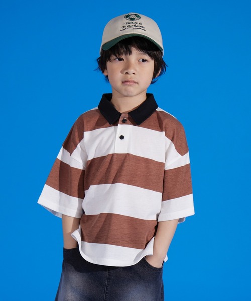 PAIRMANON STREET（ペアマノンストリート）の「【PAIRMANON STREET】天竺 ワイドボーダー 半袖 ポロシャツ（ポロシャツ・キッズ・イエロー/ネイビー/ブラック/ブラウン/グリーン・100/90/140/110/150/130/120）」の9枚目の写真