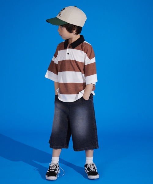 PAIRMANON STREET（ペアマノンストリート）の「【PAIRMANON STREET】天竺 ワイドボーダー 半袖 ポロシャツ（ポロシャツ・キッズ・イエロー/ネイビー/ブラック/ブラウン/グリーン・100/90/140/110/150/130/120）」の12枚目の写真