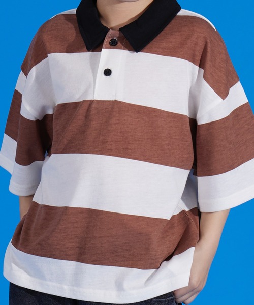 PAIRMANON STREET（ペアマノンストリート）の「【PAIRMANON STREET】天竺 ワイドボーダー 半袖 ポロシャツ（ポロシャツ・キッズ・イエロー/ネイビー/ブラック/ブラウン/グリーン・100/90/140/110/150/130/120）」の13枚目の写真