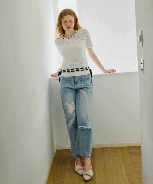 idem（イデム）の「hand stitch tops/半袖ニット（ニット/セーター・レディース・ブラック/ホワイト・FREE）」の7枚目の写真