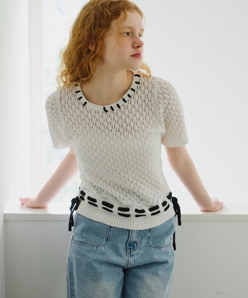 idem（イデム）の「hand stitch tops/半袖ニット（ニット/セーター・レディース・ブラック/ホワイト・FREE）」の9枚目の写真