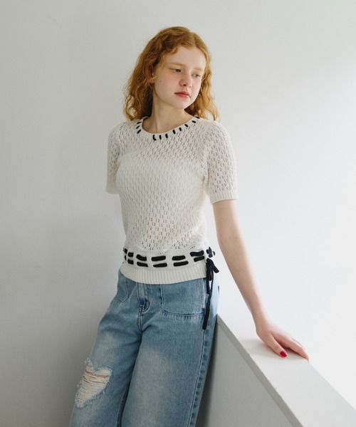 idem（イデム）の「hand stitch tops/半袖ニット（ニット/セーター・レディース・ブラック/ホワイト・FREE）」の10枚目の写真