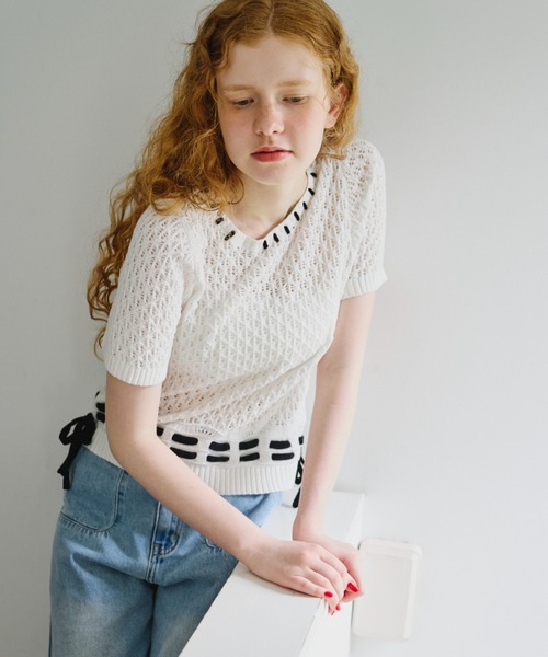 idem（イデム）の「hand stitch tops/半袖ニット（ニット/セーター・レディース・ブラック/ホワイト・FREE）」の11枚目の写真
