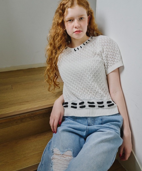 idem（イデム）の「hand stitch tops/半袖ニット（ニット/セーター・レディース・ブラック/ホワイト・FREE）」の13枚目の写真