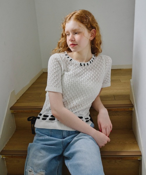 idem（イデム）の「hand stitch tops/半袖ニット（ニット/セーター・レディース・ブラック/ホワイト・FREE）」の14枚目の写真