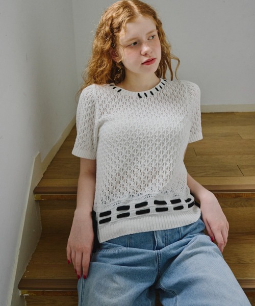 idem（イデム）の「hand stitch tops/半袖ニット（ニット/セーター・レディース・ブラック/ホワイト・FREE）」の15枚目の写真