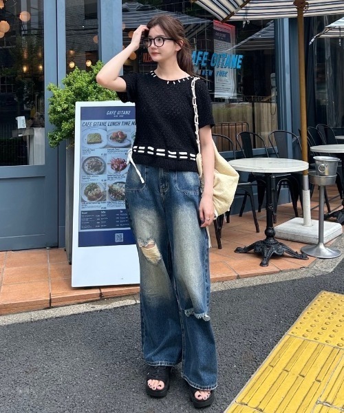 idem（イデム）の「hand stitch tops/半袖ニット（ニット/セーター・レディース・ブラック/ホワイト・FREE）」の6枚目の写真