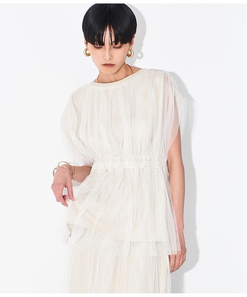 Settimissimo（セッティミッシモ）の「チュールカバードウエスト切替プルオーバー（Tシャツ/カットソー・レディース・ベージュ/ブラック・FREE）」の4枚目の写真