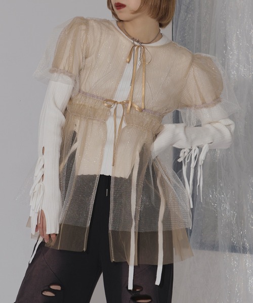 Ezick(エジック)の「Too ribbon レースアップリブニット(ニット/セーター・レディース・アイボリー/ブラック/グレー・FREE)」の4枚目の写真