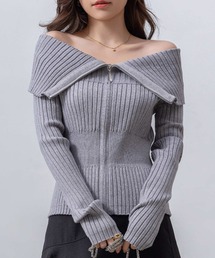 【デコルテ綺麗魅せ】長袖 オフショル ビッグカラー ダブルジップ リブニット レディース